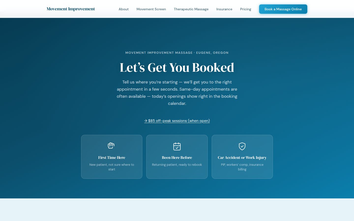 A massage practice booking page