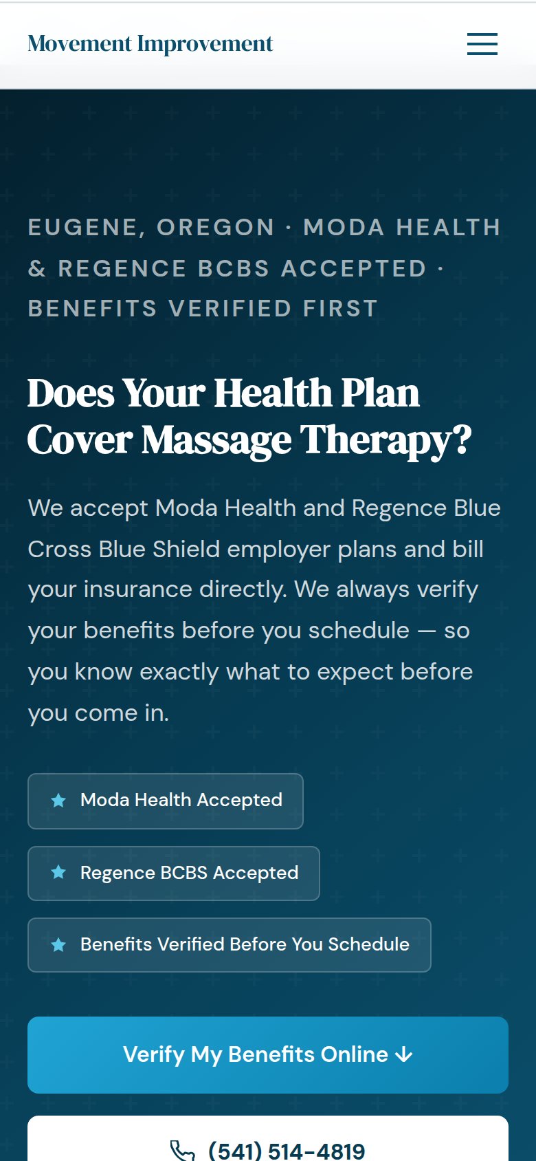 A massage practice website showing Moda Health and Regence BCBS accepted