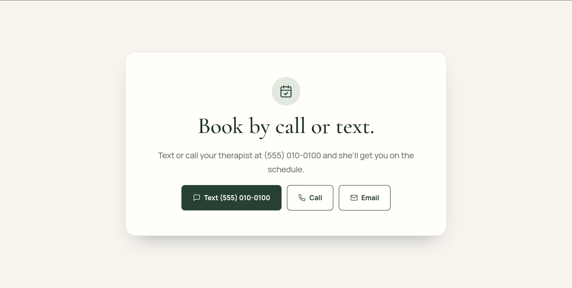 Booking page with call, text and email buttons