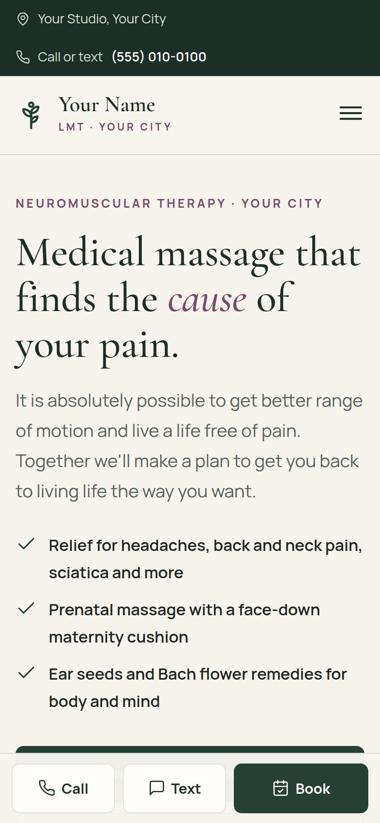 A massage practice website on a phone