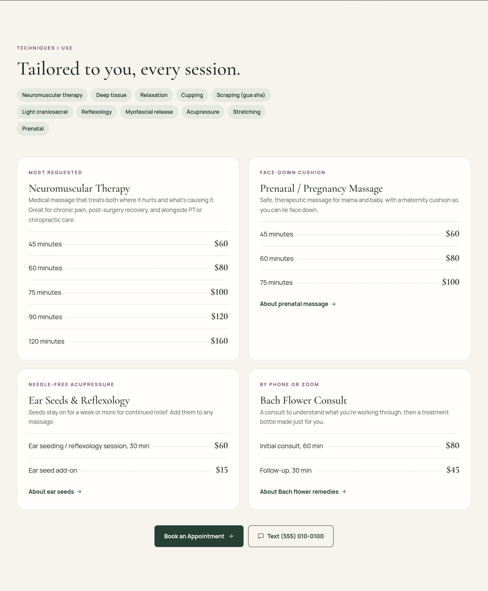 Price menu section from a client site