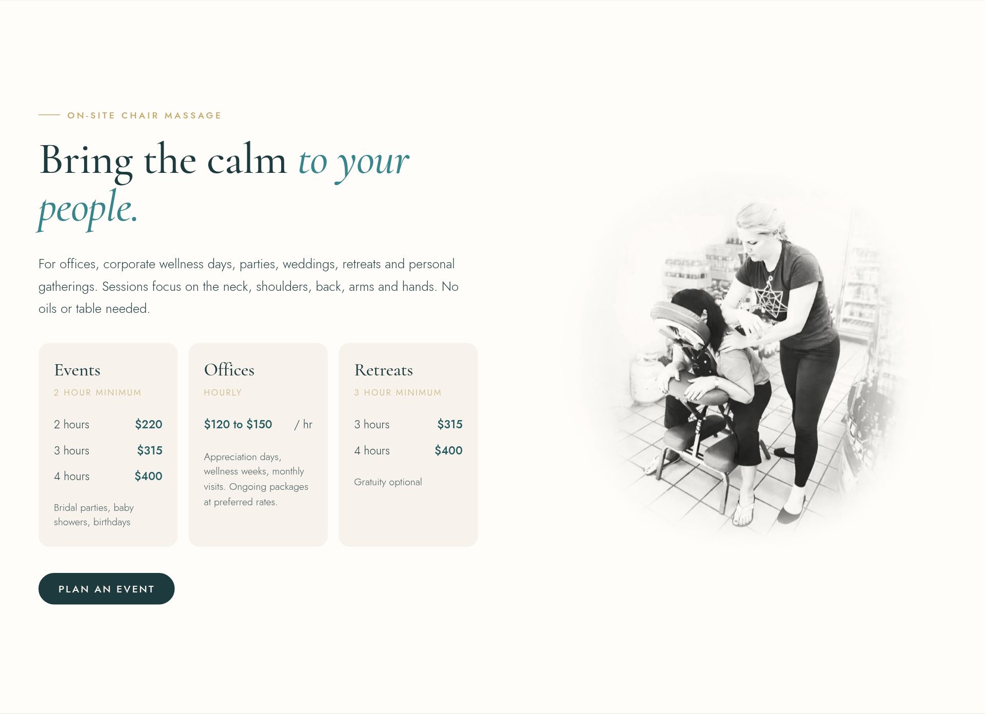 Chair massage events section from a client site