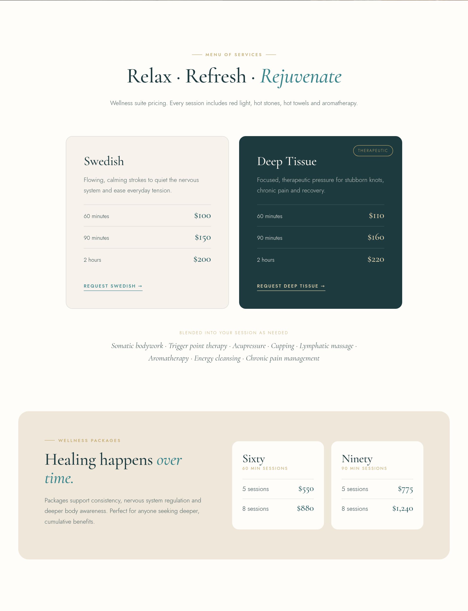 Service menu with prices and packages
